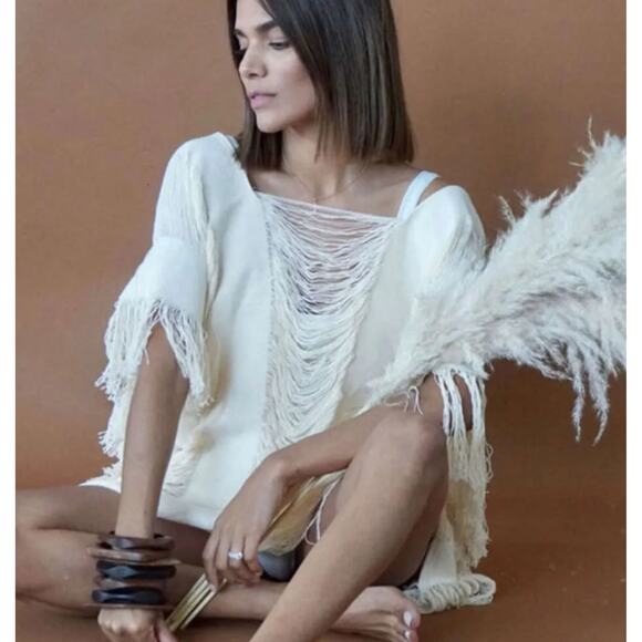 Beach Boho Sheer Knit Swimsuit Cover Up Lightweight Fringe Trim - Picture 3 of 10